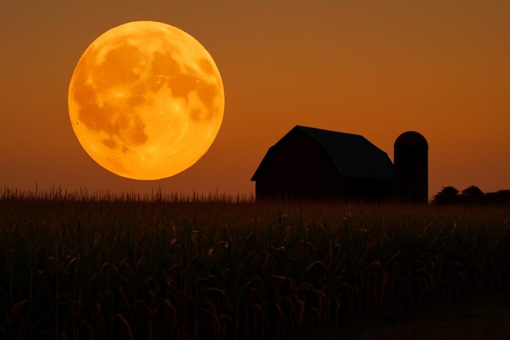 A beautiful September Full Moon, called a Corn Moon, hangs in the sky over a field of corn and a barn