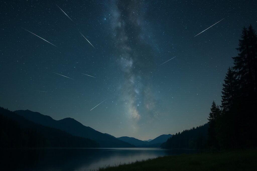Optimal viewing of the Orionid meteor show of 2025 Bright meteors streak though an October Sky.