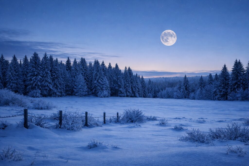 The February full moon, also called the snow moon, rises over a snowy field