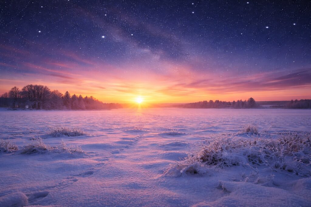 Sunrise over a snow field in February. There are still stars in the sky. This represents a fresh start.