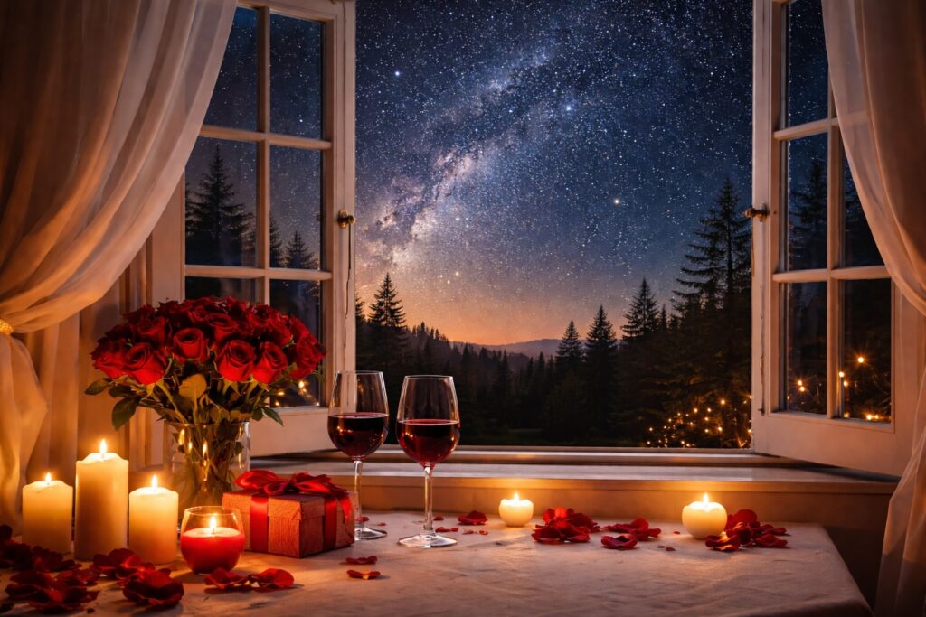 Valentines day image features roses, rose petals, candles, and two glasses of wine. The tablecloth is white and the window is open. In the background there is a beautiful starry sky.
