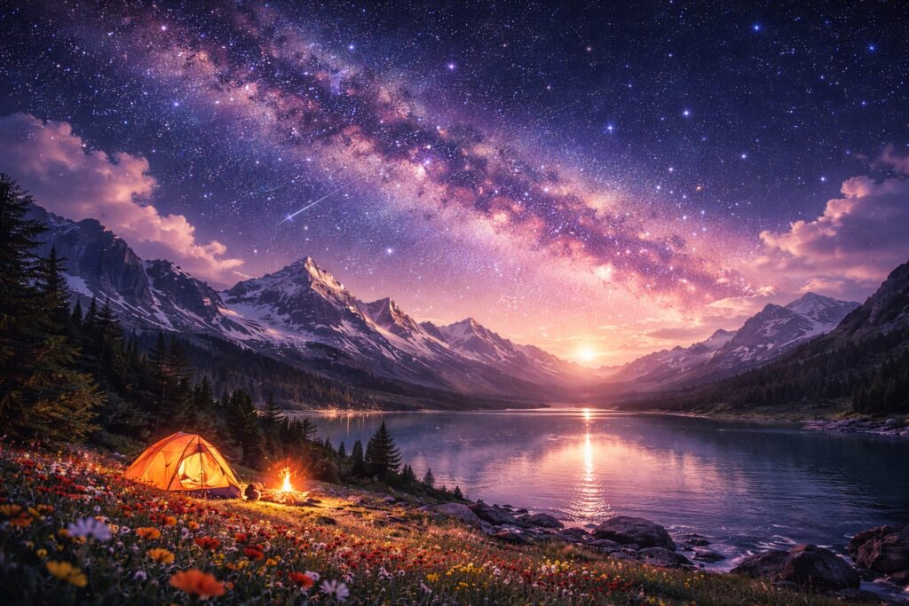 A purple starry sky shines overhead as the viewer looks out over a reflective body of water. On the shore there are 2 tents.