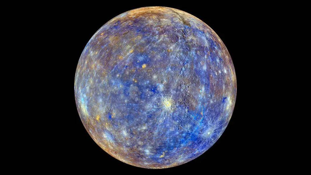 NASA image - This colorful view of Mercury was produced by using images from the color base map imaging campaign during MESSENGER’s primary mission. These colors are not what Mercury would look like to the human eye, but rather the colors enhance the chemical, mineralogical, and physical differences between the rocks that make up Mercury’s surface.Image Credit: NASA/Johns Hopkins University Applied Physics Laboratory/Carnegie Institution of Washington