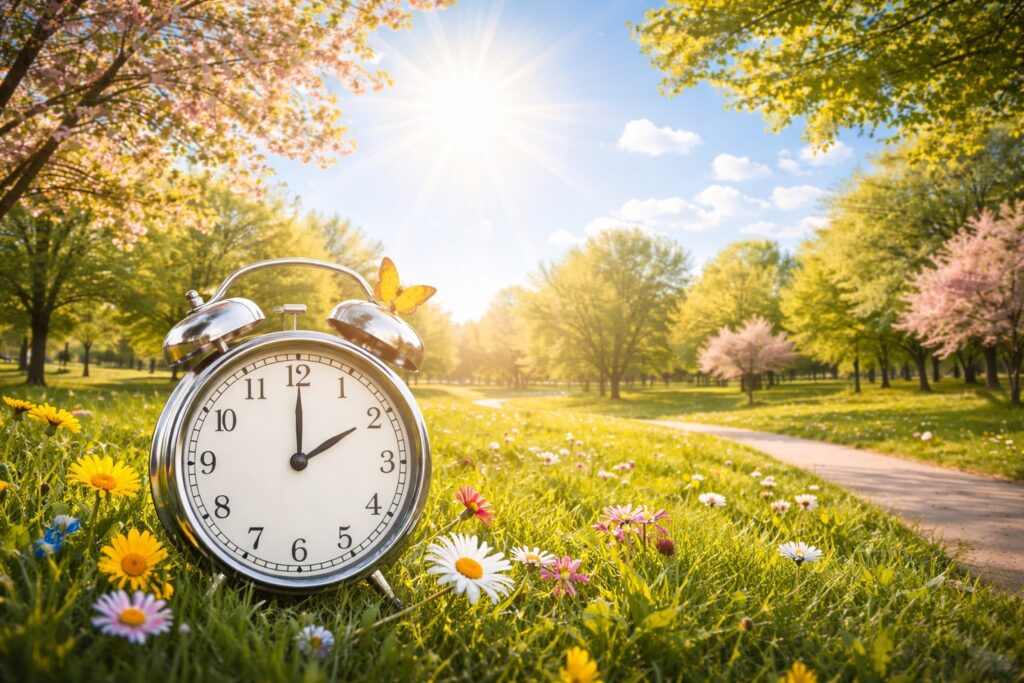 Image of a beautiful summer afternoon representing the longer days following daylight savings time. We see sunlight, a clock, and many blooming flowers and trees