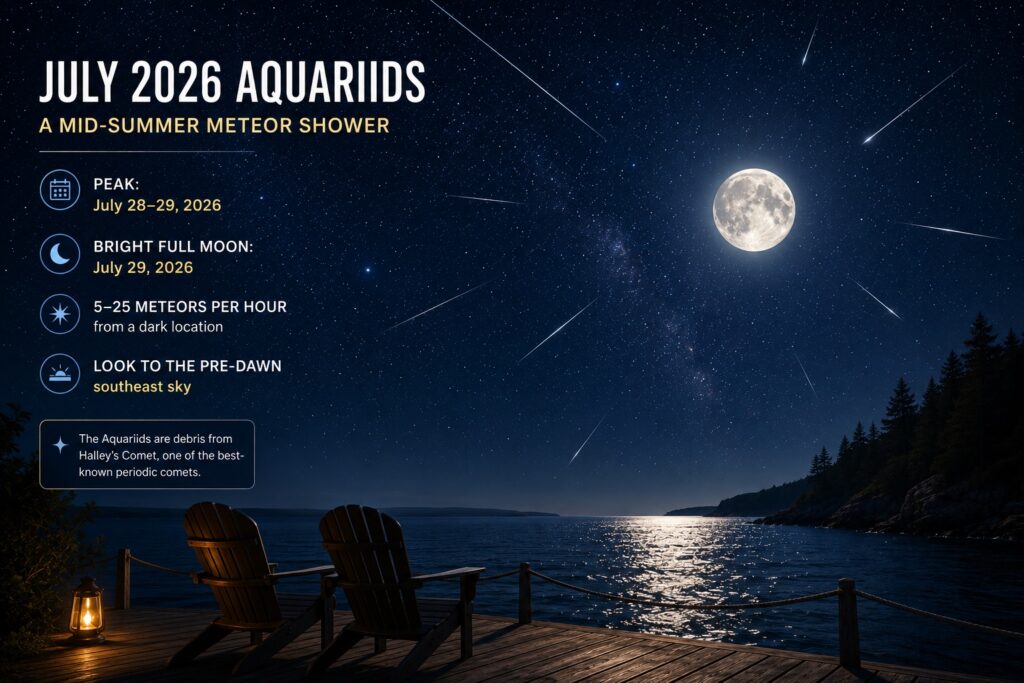 The Aquarid meteor shower in the ssouthern sky, there is a full moon, and two chairs are on a dock waiting to view the shooting stars.