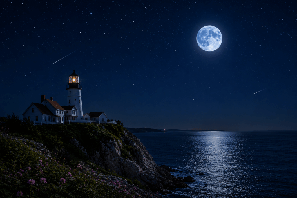The July full moon sits peacefully over the ocean. There is a lighthouse and a few meteors light the sky