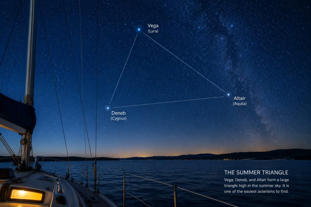 The three bright stars traditionally known as the Summer Triangle as viewed from a sailboat.
