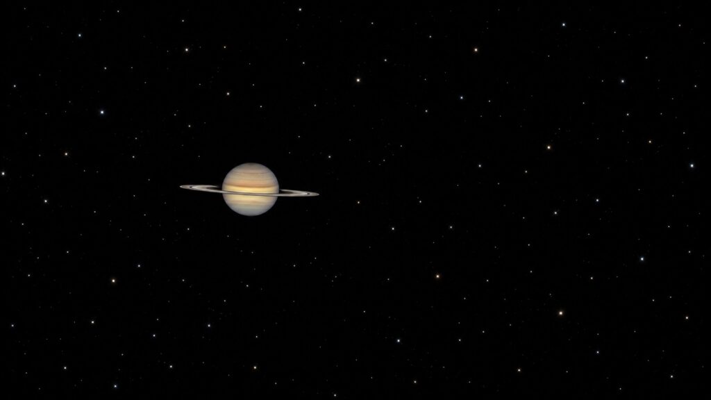 The ringed planet Saturn is at its brightest during its opposition from the Sun. Here, Saturn is shown shining from the constellation Pisces. You can see the remarkable and famous rings of Saturn